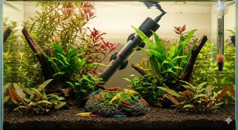 Egy szépen berendezett, növényes nano akvárium Neocaridina garnélákkal, a háttérben egy diszkréten elhelyezett, modern akváriumi fűtővel és egy hőmérővel, ami az ideális 23 Celsius fokot mutatja."