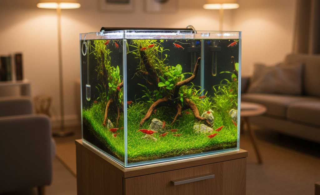 cube akvárium egy nappaliban. akvárium méret cikkhez