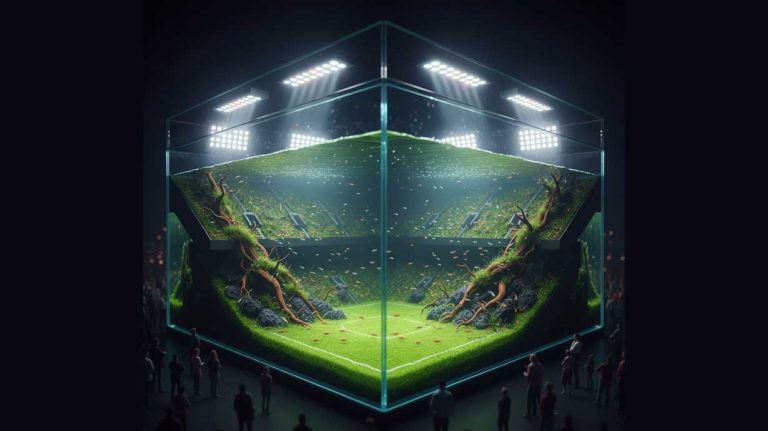 Egy futballstadionra emlékeztető formájú, futurisztikus akvárium látványos, rendkívül erős, fehér LED világítással megvilágítva, kiemelve a design elemeket és a túlzott fénymennyiség koncepcióját.