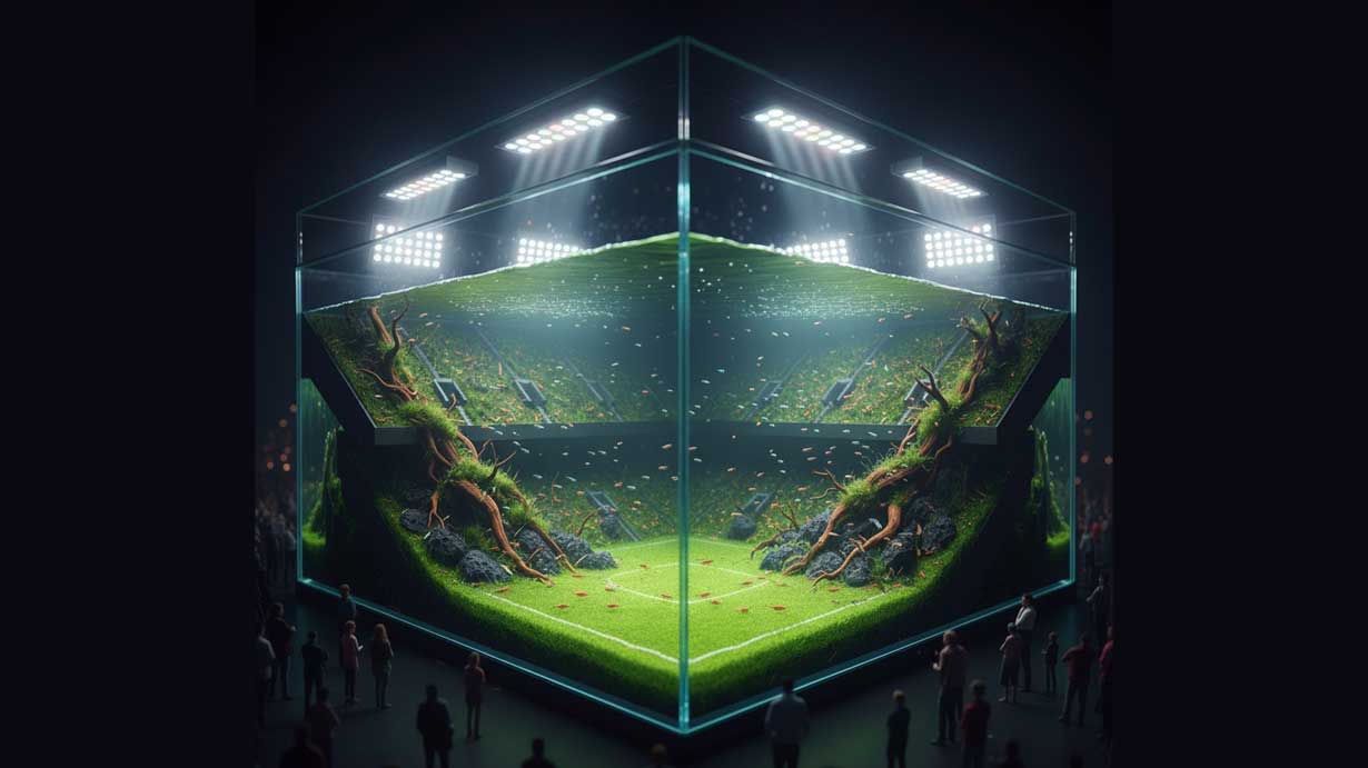 Egy futballstadionra emlékeztető formájú, futurisztikus akvárium látványos, rendkívül erős, fehér LED világítással megvilágítva, kiemelve a design elemeket és a túlzott fénymennyiség koncepcióját.