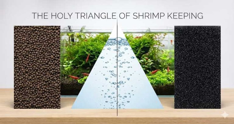 Közeli kép egy egészséges kezdő nano akváriumról, ahol élénk színű Vörös Cseresznye garnélák (Red Cherry) legelésznek egy sűrű jávai mohával benőtt uszadékfán. Az előtérben egy petés nőstény garnéla látható, sárga petecsomóval a hasa alatt. A háttérben egy működő fekete szivacsszűrő és sötét aljzat látszik.