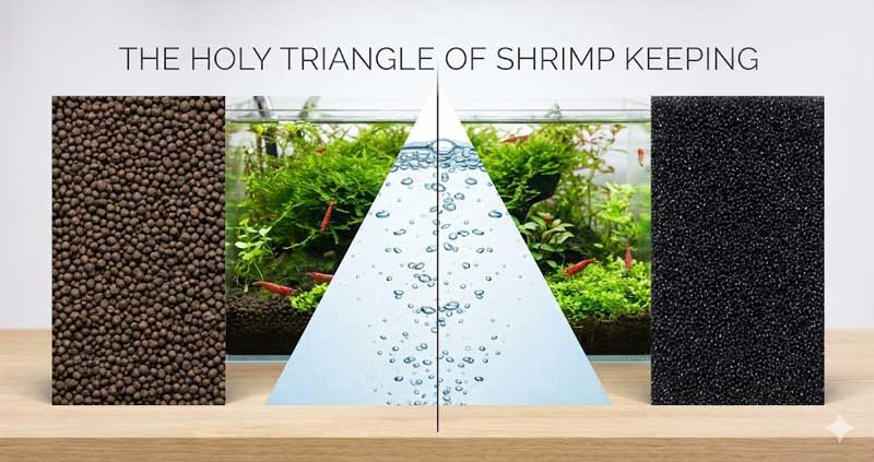 Közeli kép egy egészséges kezdő nano akváriumról, ahol élénk színű Vörös Cseresznye garnélák (Red Cherry) legelésznek egy sűrű jávai mohával benőtt uszadékfán. Az előtérben egy petés nőstény garnéla látható, sárga petecsomóval a hasa alatt. A háttérben egy működő fekete szivacsszűrő és sötét aljzat látszik.