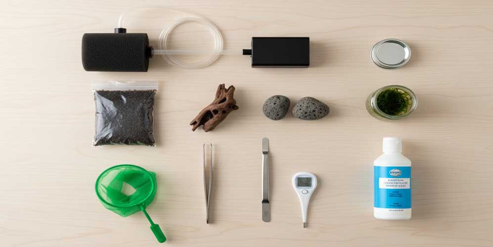 bevásárlólista, eszközök, anyagok, egy asztalon.