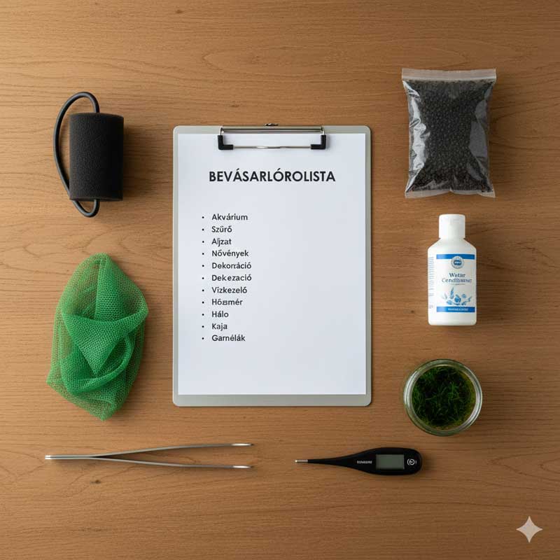 kezdő lista, anyagos, eszközök akvárium indításhoz
