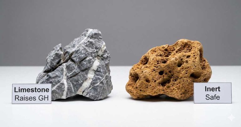 Akvárium kövek összehasonlítása: Seiryu kő (meszes) vs. Dragon Stone (semleges).