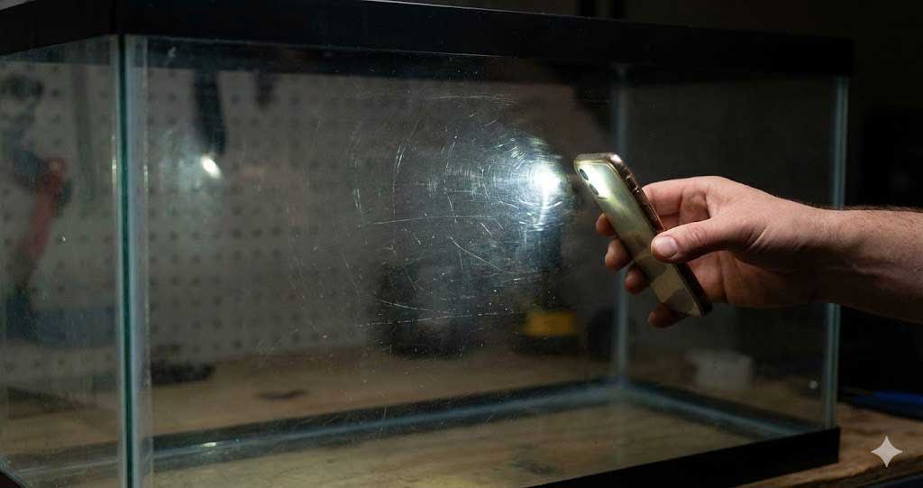 Használt akvárium ellenőrzése karcok ellen: a lámpás módszer bemutatása telefon vakuval.