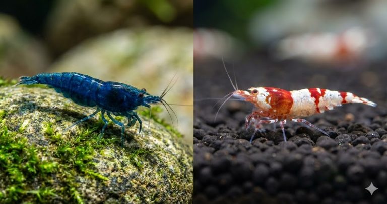 Két fő garnéla fajta összehasonlítása: Neocaridina davidi (Red Cherry) és Caridina logemanni (Crystal Red).