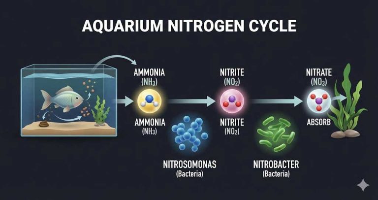 A nitrogén körforgás lépései: Ammónia átalakulása Nitritté, majd Nitráttá a hasznos baktériumok segítségével.