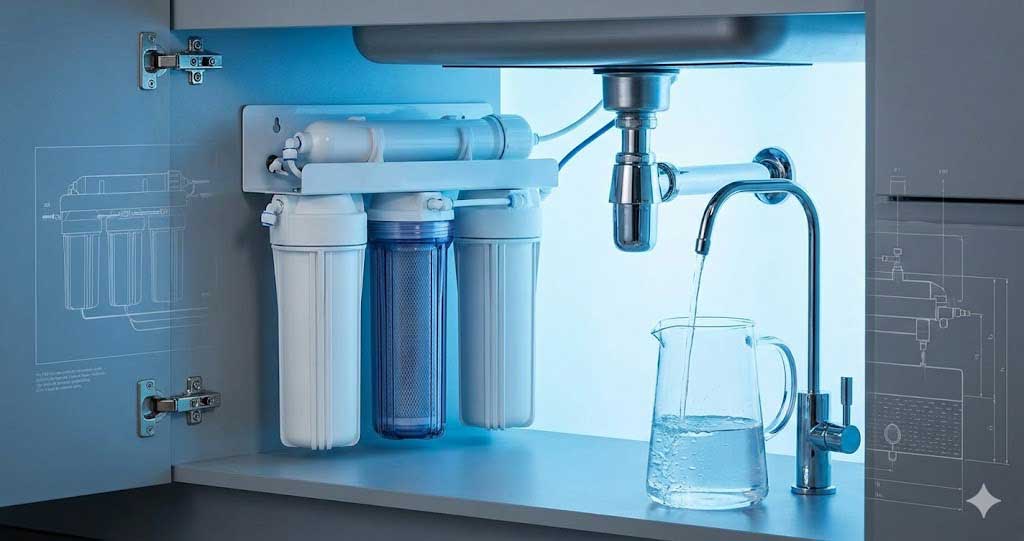 Fordított ozmózis (RO) víztisztító készülék működése: előszűrők és membrán a tiszta akváriumvízért.