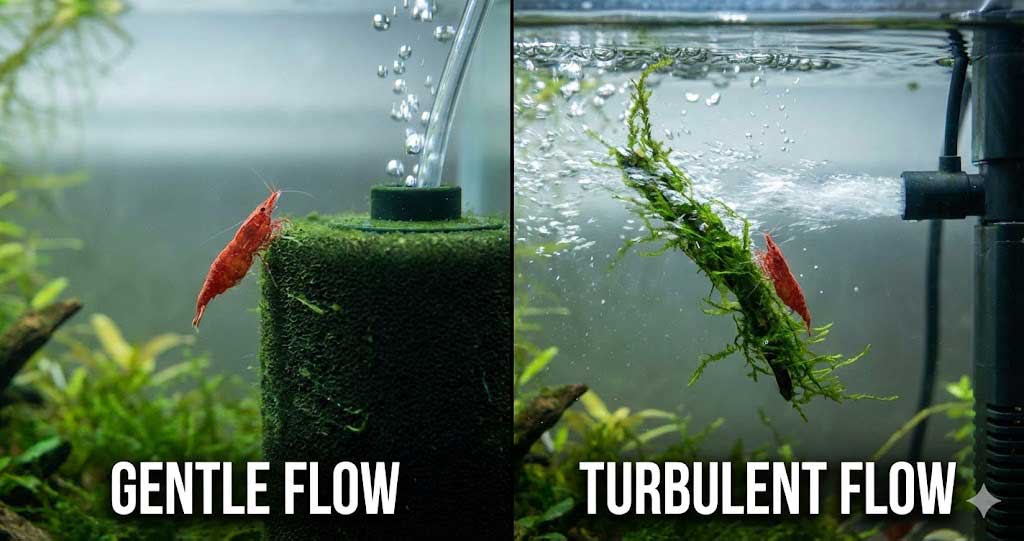 Garnélabiztos szűrők összehasonlítása: Szivacsszűrő (lassú áramlás) vs. belső motoros szűrő (erős áramlás).