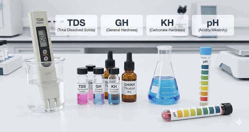 Akváriumi vízparaméterek mérése: GH, KH, pH és TDS értékek cseppteszttel és mérő tollal.
